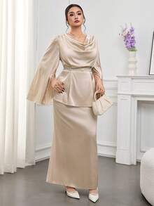 Modelyn 两件套加大码女士缎面长袖衬衫和中长连衣裙套装，优雅设计，适合休闲办公、通勤、家庭聚会等场合，2025秋冬季款 - 杏色 - 查看 4