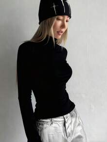 FRIFUL Áo thun cổ lọ dài tay lót nhiệt màu trơn dành cho nữ - màu đen - Xem 3