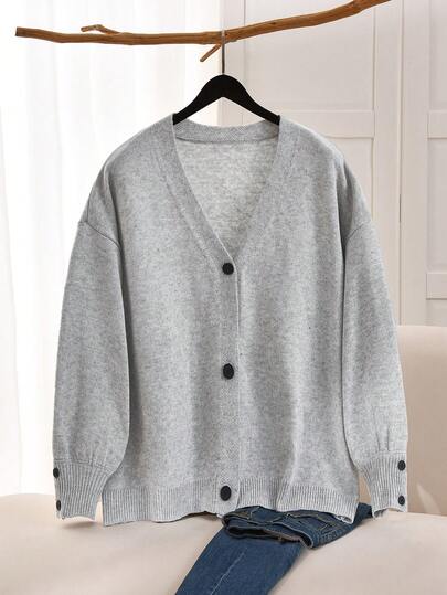 SHEIN CURVE+ Plus Size Women's Solid Color Drop Shoulder Long Sleeve Loose Casual Cardigan (Autumn/Winter), Gray Sweater, Women's Cardigan, Wool Sweater