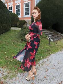 Gretanique Vestido de flores con estampado, hendidura alta y ajuste en la cintura para mujer, ideal para el Día de San Valentín - Negro - Ver 5
