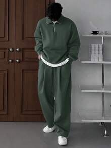 DAZY 男士纯色橄榄绿抓绒运动套装，秋冬季 - 軍綠色 - 查看 5