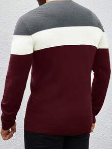Manfinity Mode 男士撞色拼接圆领长袖简约休闲毛衣，秋冬款 - 酒紅色 - 查看 2