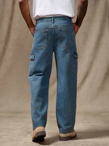 RivetRise 秋冬休闲水洗蓝湖绿直筒工装牛仔裤 - 藍色 - 查看 3