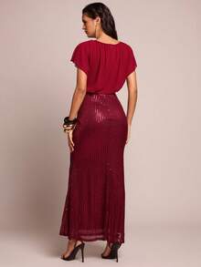 SHEIN Belle 纯色蝙蝠袖亮片鱼尾裙优雅正式晚会舞会婚礼宾客礼服，适合毕业典礼、晚宴或节日派对服装 - 酒紅色 - 查看 2