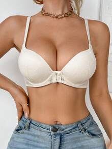 DesireSculpt 1pc Fashionable Lace Minimalist Front Closure Wireless Bra - Beige - View 8