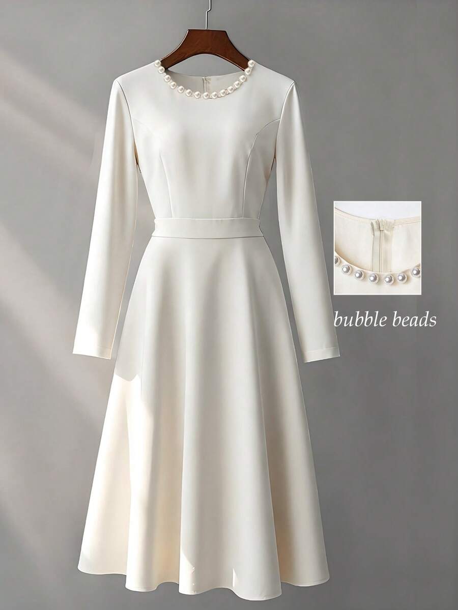 Franclia 优雅珍珠装饰圆领长袖收腰喇叭下摆连衣裙，杏色，春秋 - 杏色 - 查看 1