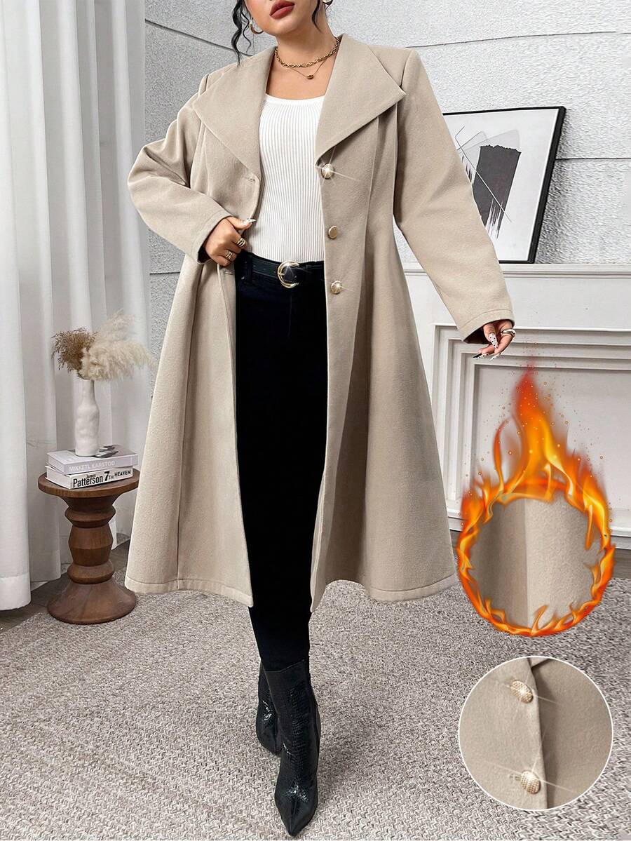 Modelyn Plus Size Women's Solid Color Lapel Long Sleeve Single-Breasted Casual Jacket, Autumn/Winter - Apricot - View 1