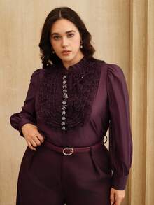Anewsta Plus Size Women's Ruffled Collar Lace 3D Flower Blouse, Suitable For Christmas, New Year Party, Spring & Autumn - Purple - View 1