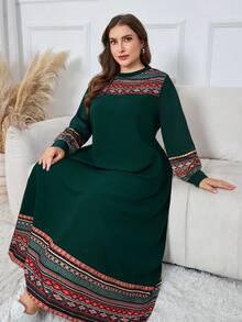 Lacomfia Women's Print Patchwork Lantern Sleeve Loose Casual Comfortable Home Dress, Plus Size, Autumn/Winter - Multicolor - View 5