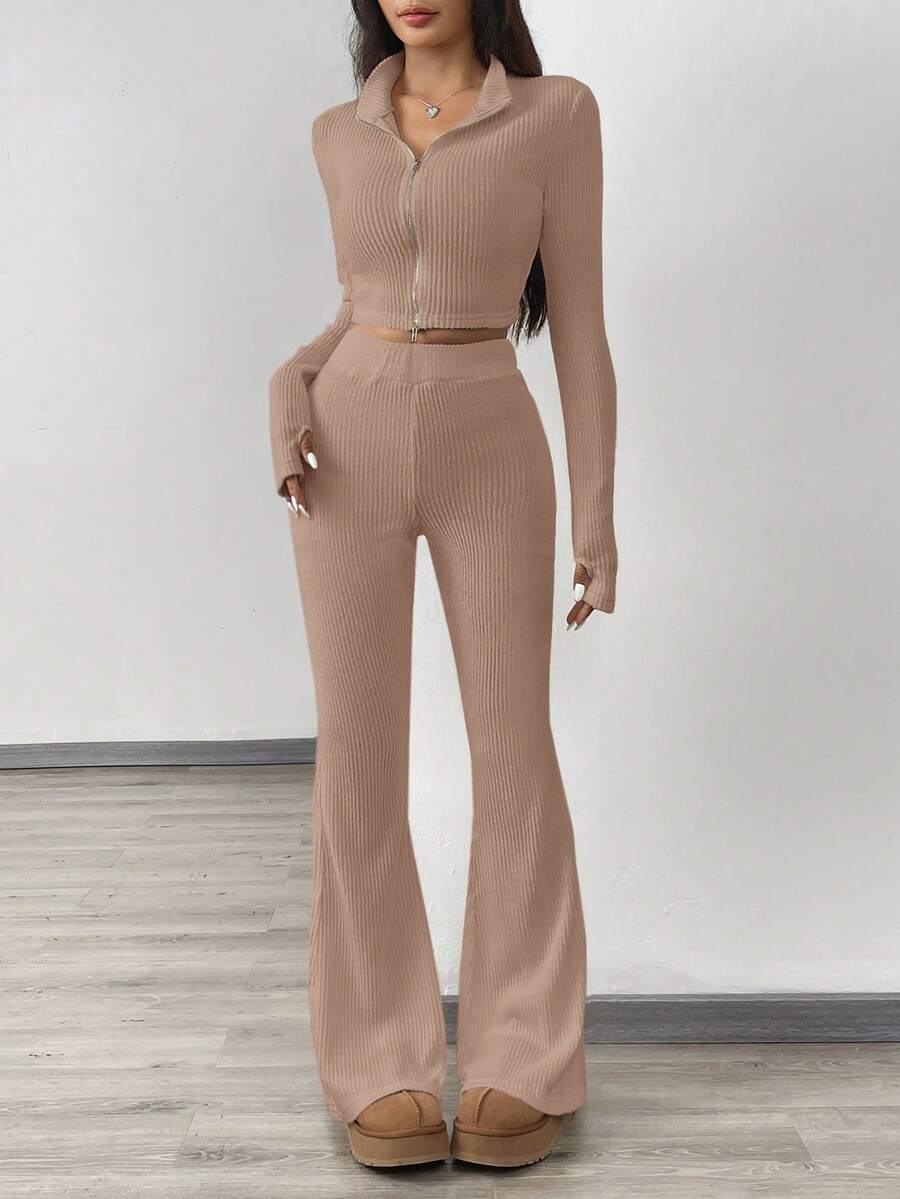 SHEIN NOVA GLOW Tween Girl Tween Girls' Solid Color Knit Cardigan Jacket And Flared Pants Set, Casual Sportswear - Khaki - View 1