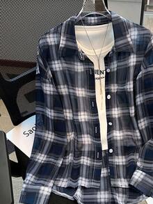 INAWLY Camisa ligera y holgada a cuadros para mujer, protección solar de moda, primavera/verano - Azul - Ver 4