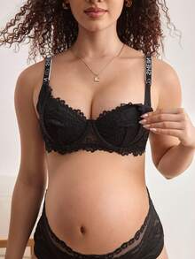 BloomMama Maternity Letter Print Lace Patchwork Camisole Bra - Black - View 3