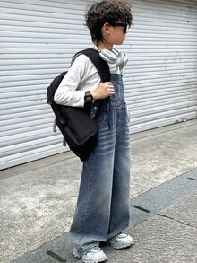 SHEIN Little Byeori 青少年男孩时尚休闲 Y2K 复古酷炫街头蓝色渐变水洗宽松背带裤牛仔裤，适合儿童日常穿着，也适合儿童秋冬季锐舞派对、节日和街头服饰。 - 藍色 - 查看 4