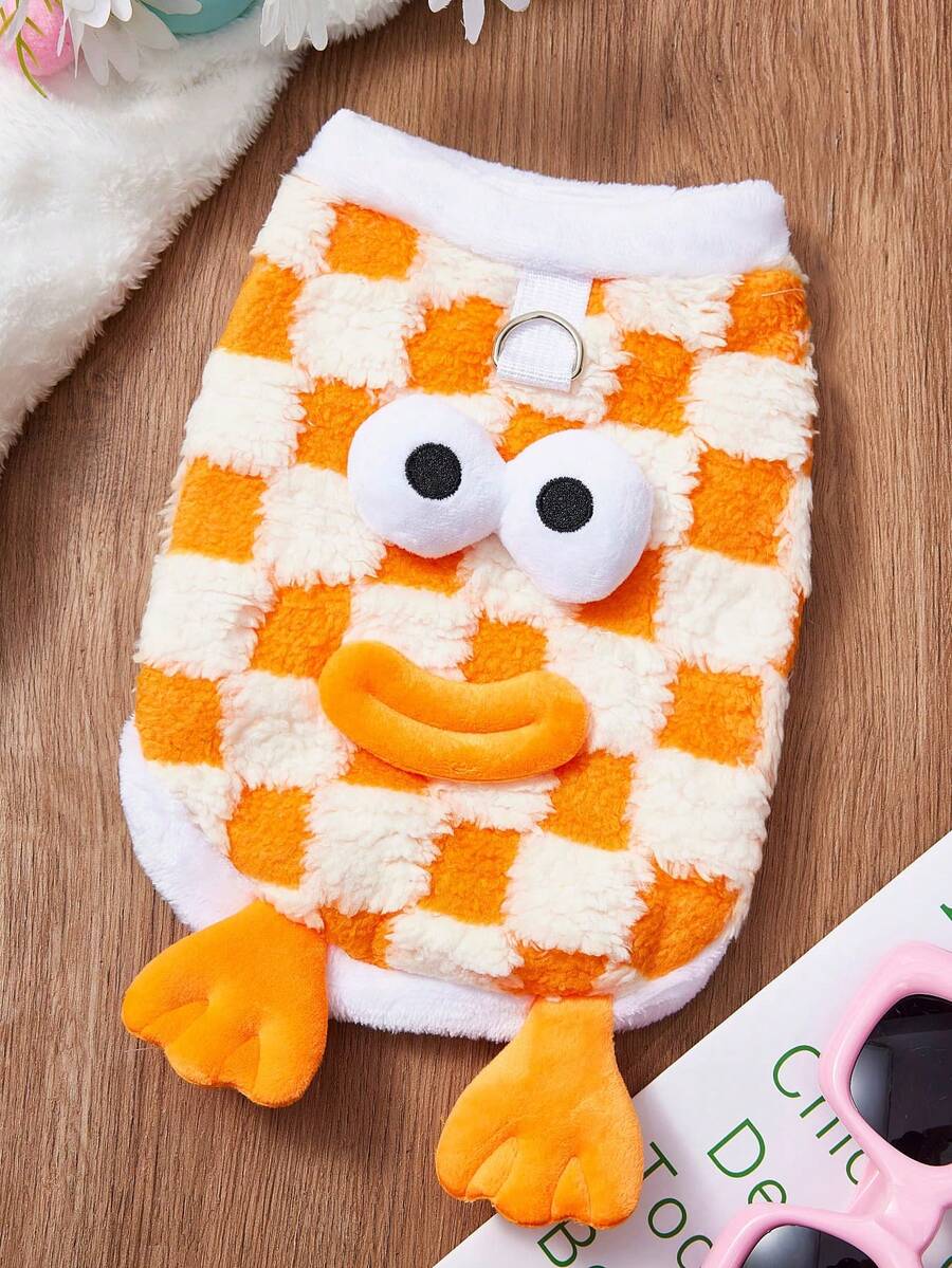 PETSIN 1 Autumn/Winter Pet Dog, Cat Clothes, Dog Supplies, Funny Orange Checkered (Double-Layer) Cute Cat Cartoon Teddy Bear, Small And Medium-Sized Dog - Orange - View 1