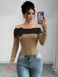 Elenzga Body elegante con bloque de color, hombros descubiertos y decoración de lazo - Caqui - Ver 5