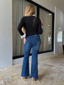 Cioccolato 女士时尚二合一拼布长袖 T 恤，春夏 - 黑色 - 查看 2