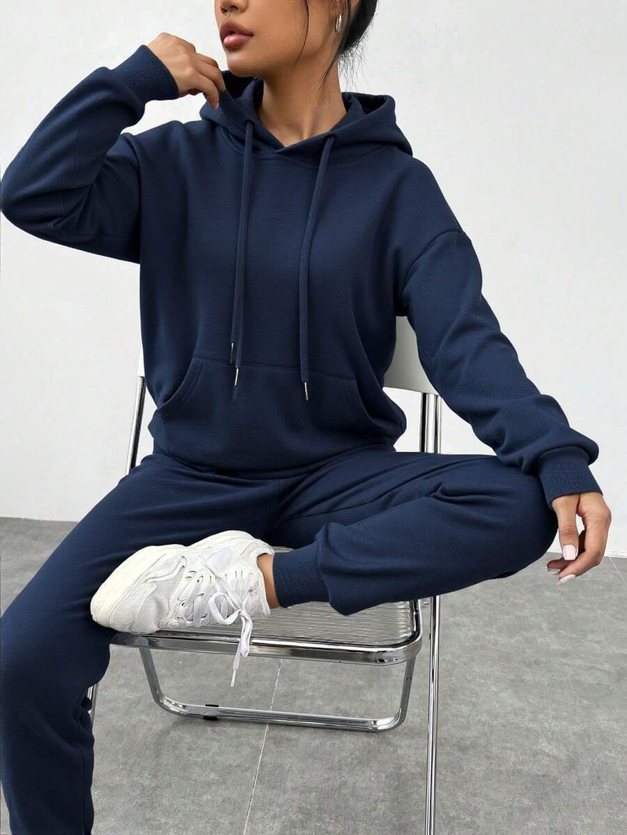 Dos conjuntos de pantalones de suéter elegantes para mujeres - suéter de capucha con cordón de extracción, 100% tejido de poliéster suave y ligero, bolsillo de canguro con pantalones elásticos, adecuado para varias ocasiones - azul real - Ver 1