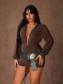 Rustia Đầm ôm sát vai tay dài cổ chữ V sâu màu trơn cỡ lớn - màu nâu - Xem 7