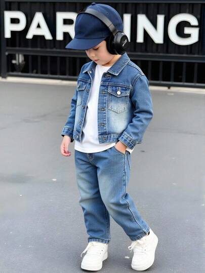 男童两件套牛仔套装，休闲复古水洗牛仔夹克和宽松阔腿牛仔裤，配套服装，适合多种场合