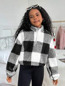 SHEIN Tween Girl Casual Reversible Plaid Fleece Funnel Neck Half-Zip Sweatshirt - Black and White - View 5