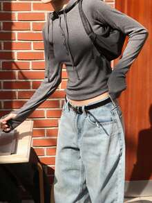 DAZY Women's Fitted Hoodie Top With Half Zip, Waist Drawstring, Long Sleeve - Grey - View 7