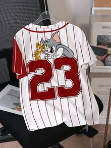 TOM & JERRY X SHEIN Tween Boy's Casual Striped Contrast Cartoon Graphic Round Neck Short Sleeve T-Shirt, Summer