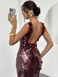 Firerie Damen Burgunderrotes Pailletten besticktes Pailletten Abschlussball rückenfrei Maxikleid, elegantes rückenloses Meerjungfrau Saum Abendkleid, extra langes formelles Kleid, Hochzeitsgast Kleid, geeignet für Frühling, Sommer, Herbst, Winter, elegant, Pendeln, Date, Party, Hochzeitssaison, Abschlussball, Aufführung, Konzert, Arbeit, Schulanfang, Jahresfeier, Geburstagskleid für Damen - Bordeaux - Übersicht 6