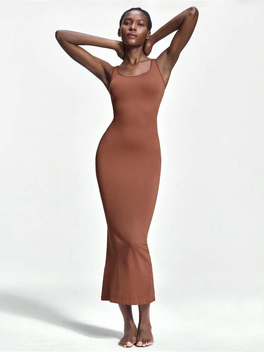SHAPORA Women's Solid Color Mermaid Sleeveless Bodycon Dress - Rust Brown - View 1