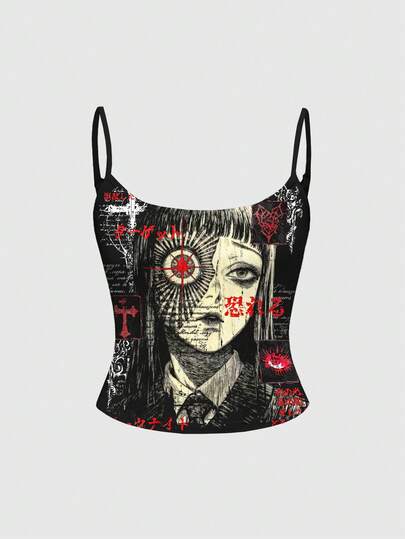 Camiseta de tirantes con gráfico de ojos y sangre de anime de terror para mujeres