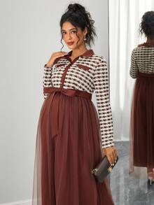 SHEIN Elegant Maternity Commuter Dress With Mesh Patchwork And Houndstooth Pattern