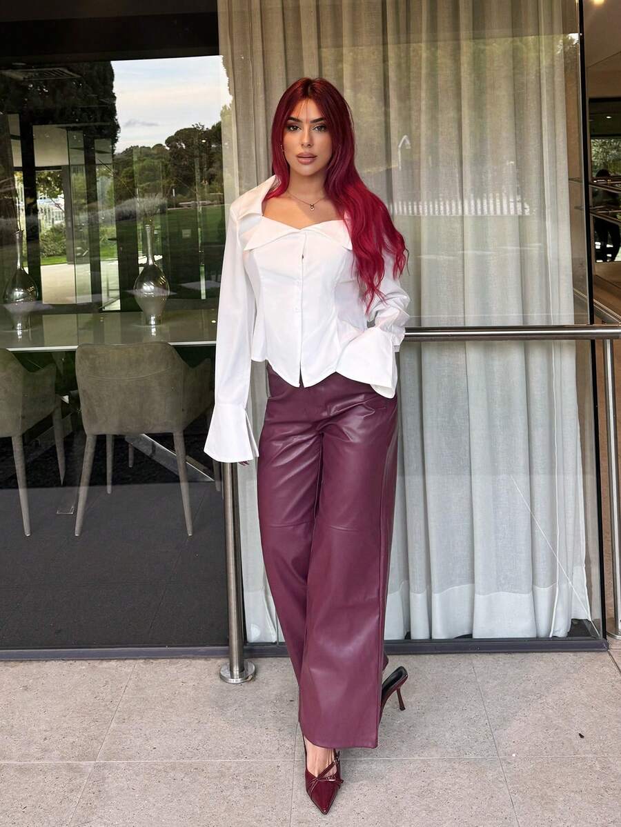 Bearsaez Pantalones rectos de piel de poliuretano color borgoña para una cita - Burdeos - Ver 1
