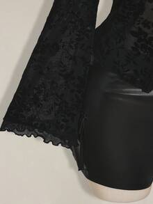 SHEIN ICON 大码 Y2K 风格前系蝴蝶结针织喇叭袖荷叶边下摆毛衣 - 黑色 - 查看 8