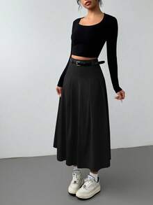 Almamuse Spring & Autumn New High Waist A-Line Knee-Length Pleated Skirt - Black - View 5