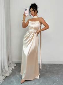 Elenzga French Fashion Women's Spaghetti Strap Front Pleated Waist Ruched A-Line Dress, Versatile & Elegant For Birthday Party, Banquet - Champagne - View 4