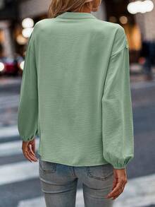 SHEIN LUNE Plus Size Casual Solid Color Lace Trim Blouse - Mint Green - View 2
