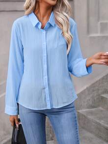 KKMALLEE Camisa de botones de frente sólido, Blusas de manga larga - Azul - Ver 3