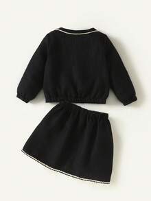 Maija Kids 年轻女孩黑色粗花呢拼布黑白丝带夹克和裙子休闲优雅套装 - 黑色 - 查看 2