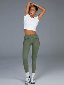 Menodora SHEIN Sport Women's High-Waisted Leggings,Army Green,Summer,Athletic,Gym,Soft Stretchy Fabric,Stylish Contrast Stitching,Sculpting Slim Fit,Moisture-Wicking Yoga - Dark Green - View 3