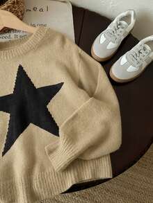 Tween Girl Star Pattern Round Neck Drop Shoulder Sweater, Sibling - Khaki - View 6