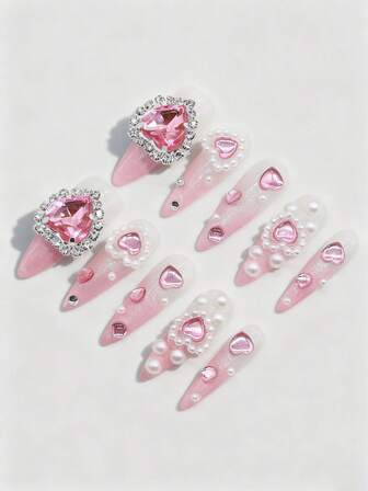 Kawaii 10 Stück Y2K Stil Herz Perle Strass Farbverlauf Rosa-Weiß Handgemalt Hochwertige Kunstnägel + 3 Stück Doppelseitiger Klebstoff, Abnehmbare Wiederverwendbare Nagel Aufkleber mit Strass & Glitzer, geeignet für Feiertage, Tanzen und den täglichen Gebrauch