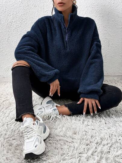 SHEIN EZwear Marineblauer Flauschiger Hoodie mit hohem Kragen und Reißverschluss in Große Größen, Herbst/Winter