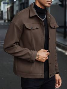 Manfinity CasualCool Men's Casual Everyday Commute Simple Solid Color Zip-Up Lapel Jacket, Autumn Western Men Woolen Shacket Brown Jackets - Coffee Brown - View 3