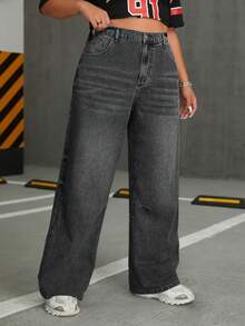 SHEIN CURVE+ Jeans a gamba dritta neri senza elasticità, taglie comode, stile cowgirl, primavera - nero - Visualizzare 7