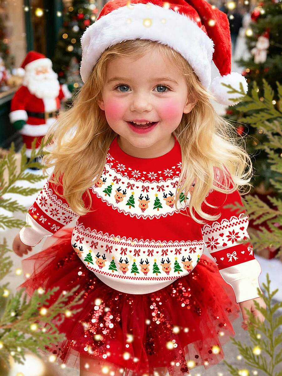 SHEIN 2 Stück/Set Baby Mädchen Weihnachten Rot Rentier, Weihnachtsbaum, Schneeflocke, Schleife, Lebkuchenmann Fair Isle Muster Lässiger Dicker Weicher Bequemer Langarm Sweatshirt und Leggings Set, geeignet für Herbst/Winter Alltag, Weihnachtsparty, Straßenmode, Zuhause - Verschiedenfarbig - Übersicht 1