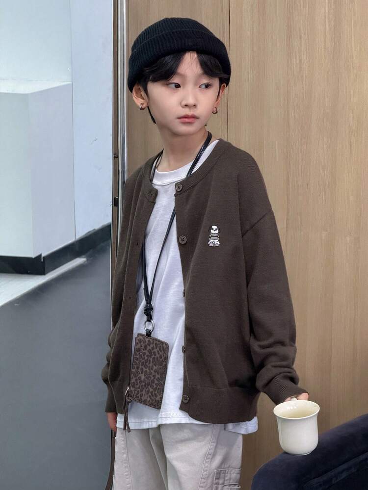 Tween Boy Solid Color Drop Shoulder Long Sleeve Button-Front Knit Sweater