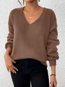 SHEIN VCAY V领落肩毛衣，秋冬季长袖上衣