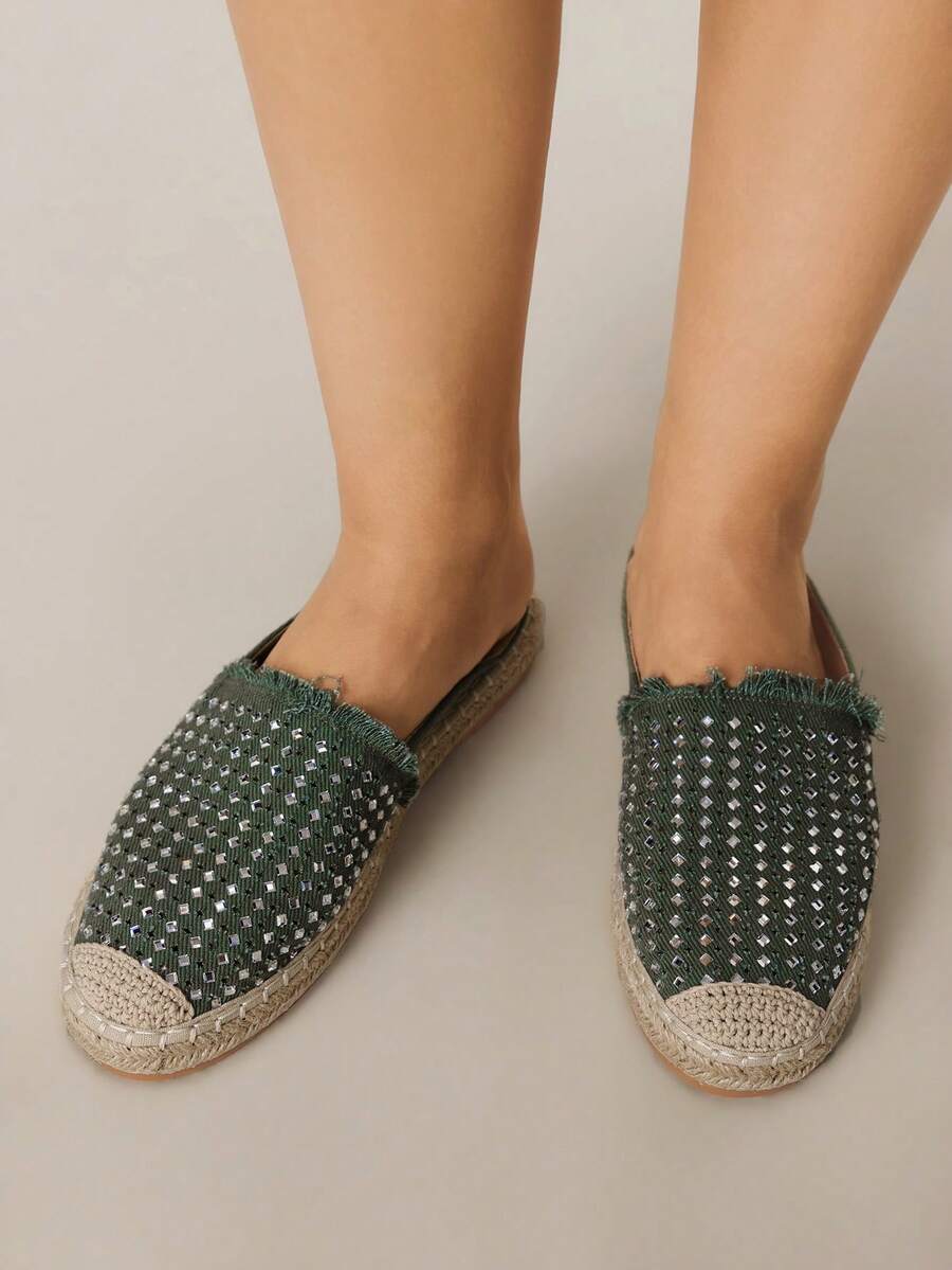 Styleloop Women's Bohemian Style Rhinestone Decor Flat Mule Slippers For Christmas - Green - View 1