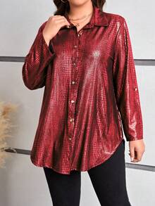 SHEIN Clasi Chemise mode ample à manches retroussées et boutonnage simple, texture simili-crocodile, tailles grandes pour femmes - Rouge - Voir 3