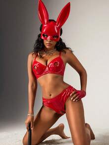 SpicyHot 2 Stücke Y2K Stil sexy Dessous Set, Brustausschnitt mit Aussparungen, offener Schritt, PU Patchwork, äußerst verführerisch