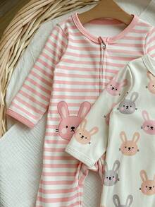 新生女宝宝可爱休闲针织卡通图案条纹长袖连体衣 - 彩色 - 查看 5